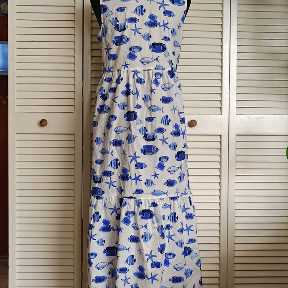 Rachel Zoe Blue White Sea Life Fish Print Sleeveless Maxi Dress Size S –Like New - Picture 4 of 11